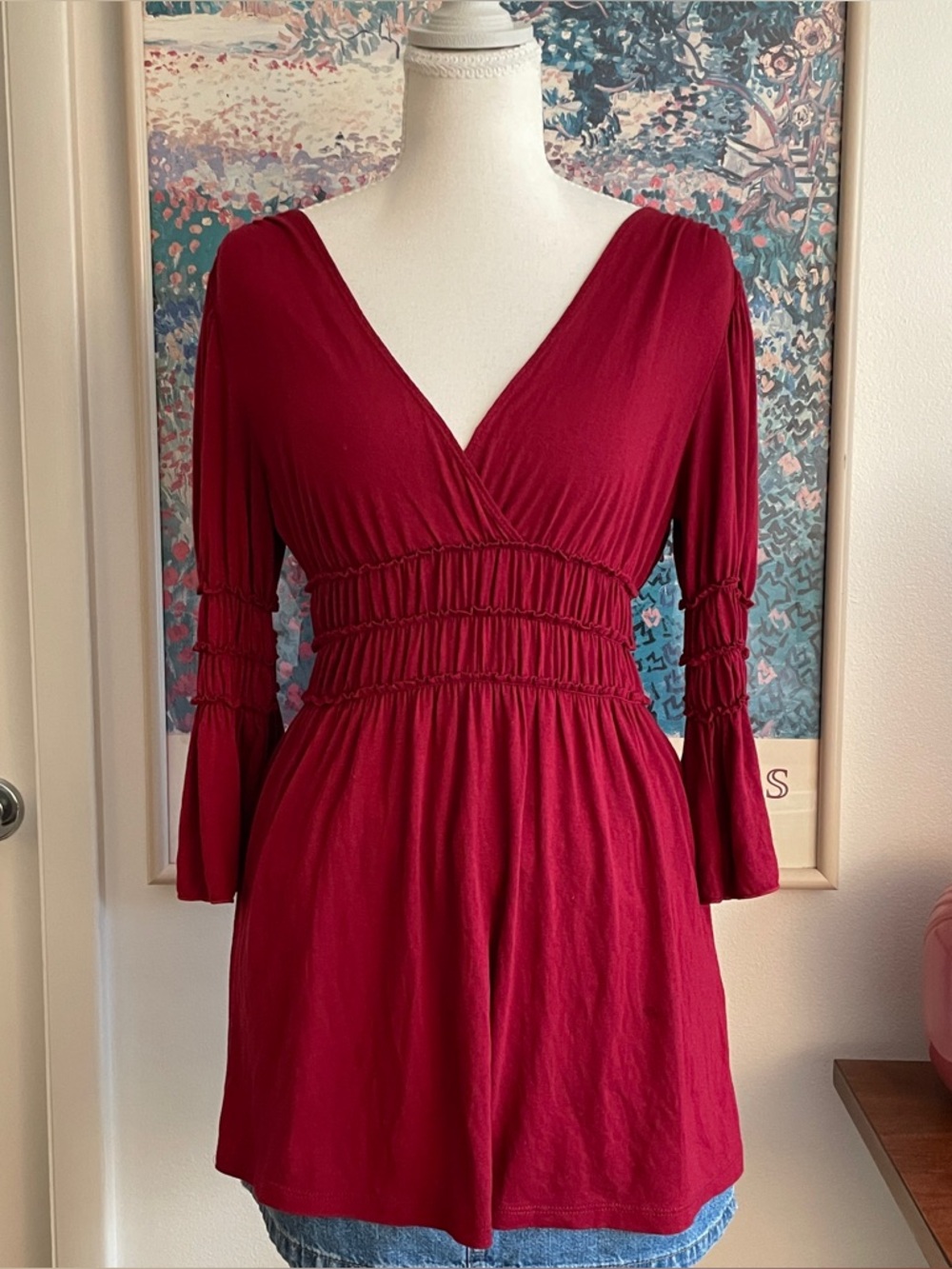 Vintage Y2K Red Milkmaid Babydoll Top Small Puff Sleeves Coquette Max Studio